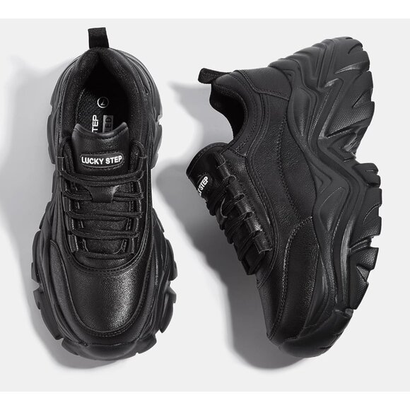 Women's Black Chunky Rubber Platform Casual Lace-Up Walking Sneaker Shoes - Picture 6 of 9
